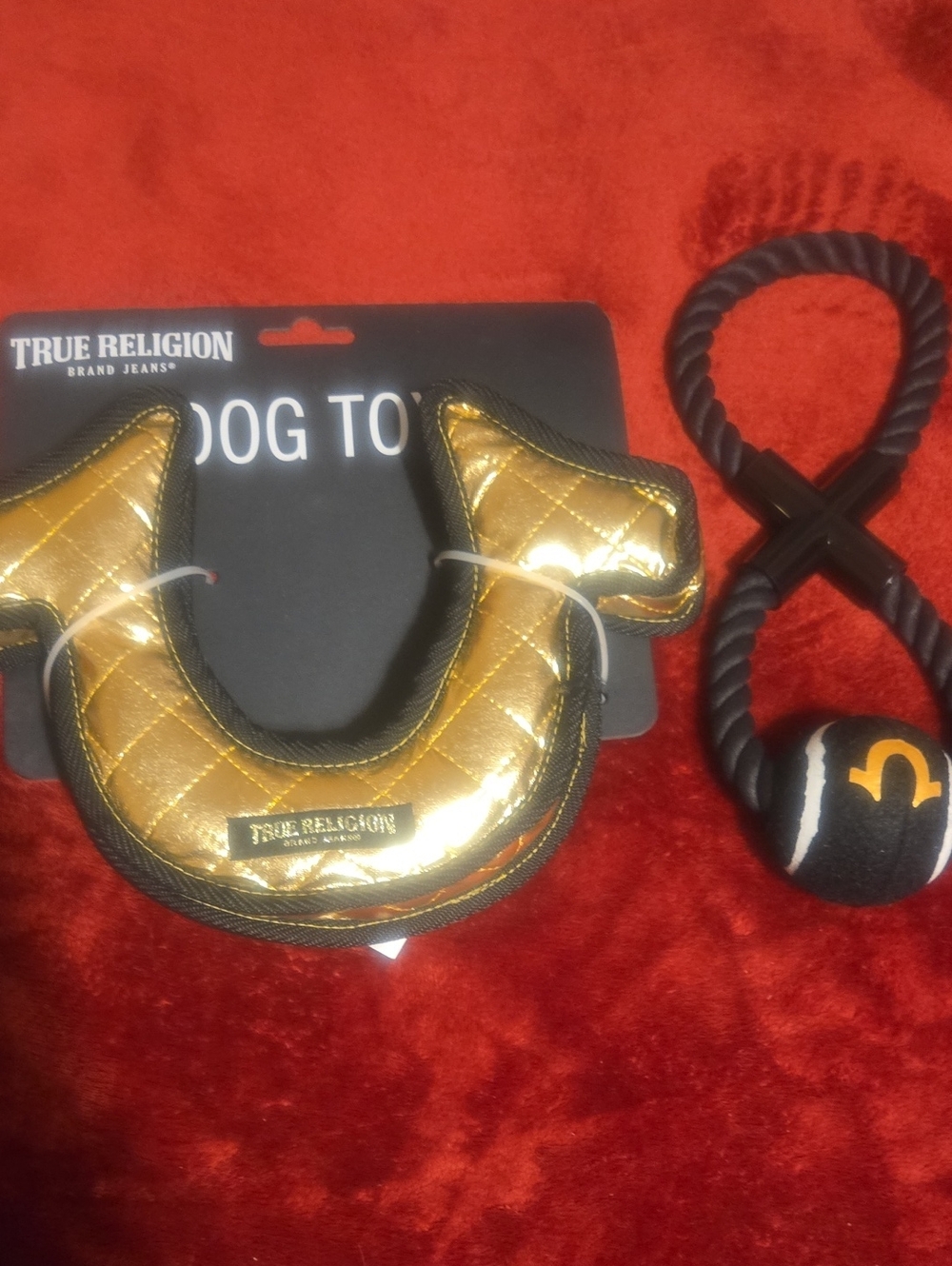 True Religion Metallic Gold Quilted Horseshoe Rope Ball Dog Toy